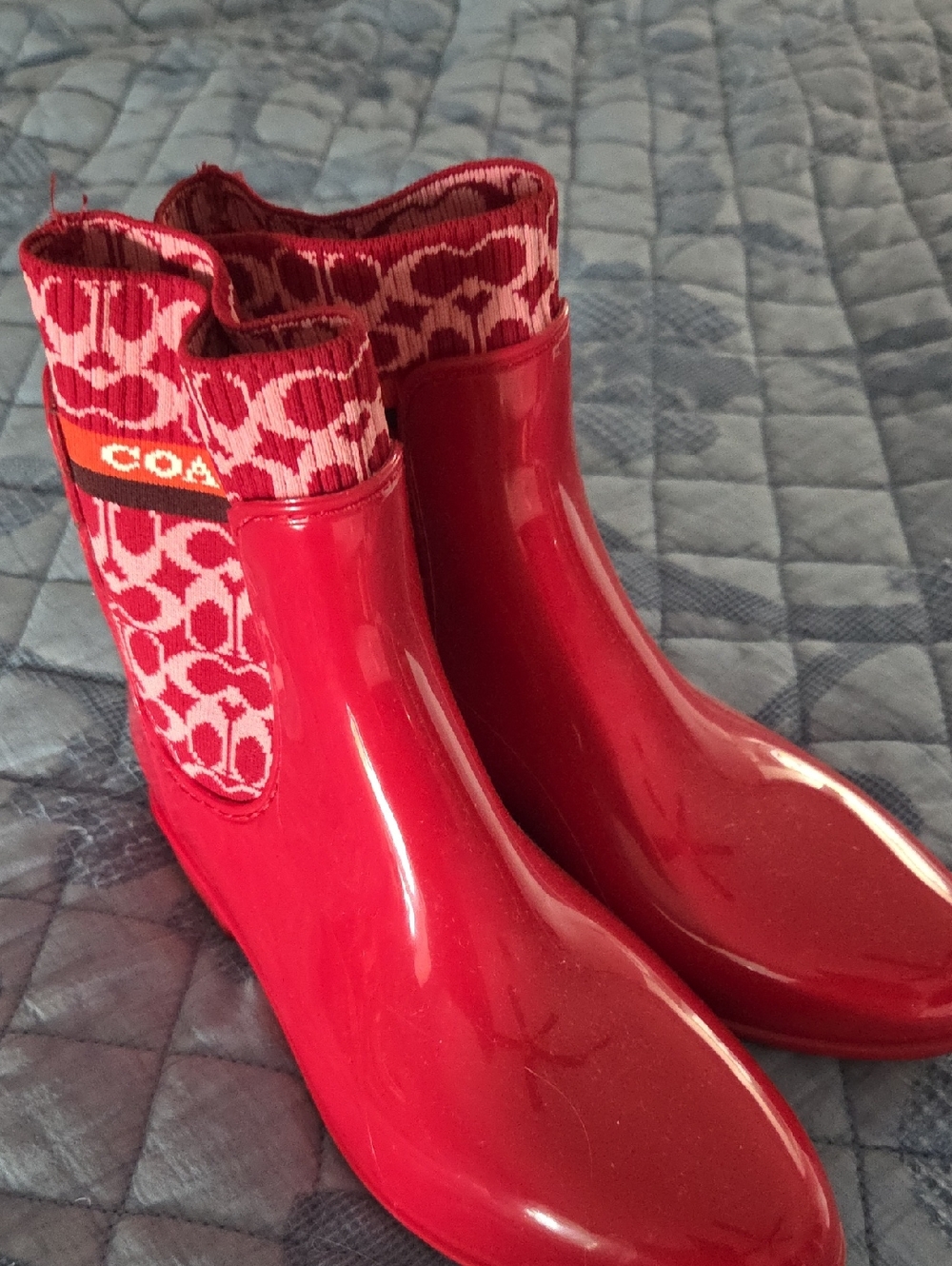Coach Red Gloss Rain Ankle Boots with Signature Knit Cuff